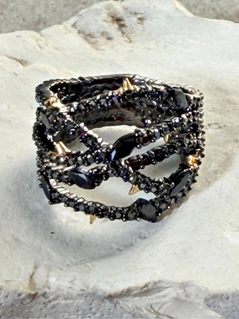 Alexis Bittar Crystal Encrusted Thorn Ring Size 6.5 Gunmetal Gold OC01
